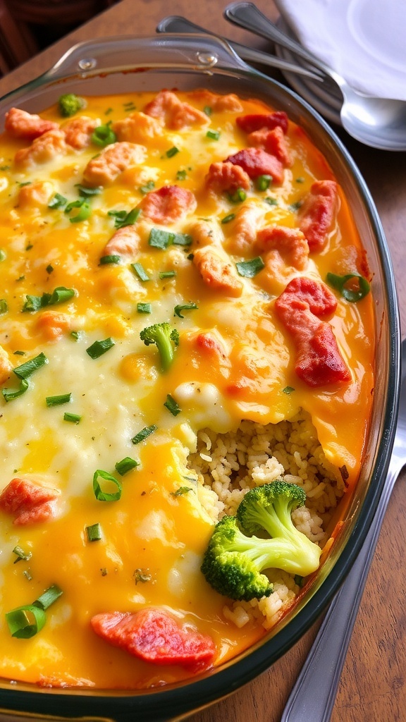 A golden baked casserole filled with chicken, rice, and broccoli, garnished with herbs.